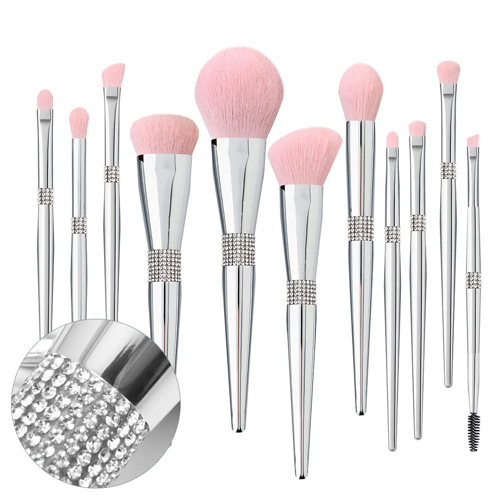 Professional Makeup Brush Set Luxury 11pcs Silver Glitter Crystal Make Up Brush Kit Vegan Soft Synthetic Hair Foundation 