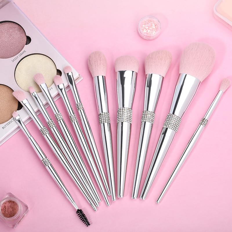 Professional Makeup Brush Set Luxury 11pcs Silver Glitter Crystal Make Up Brush Kit Vegan Soft Synthetic Hair Foundation 