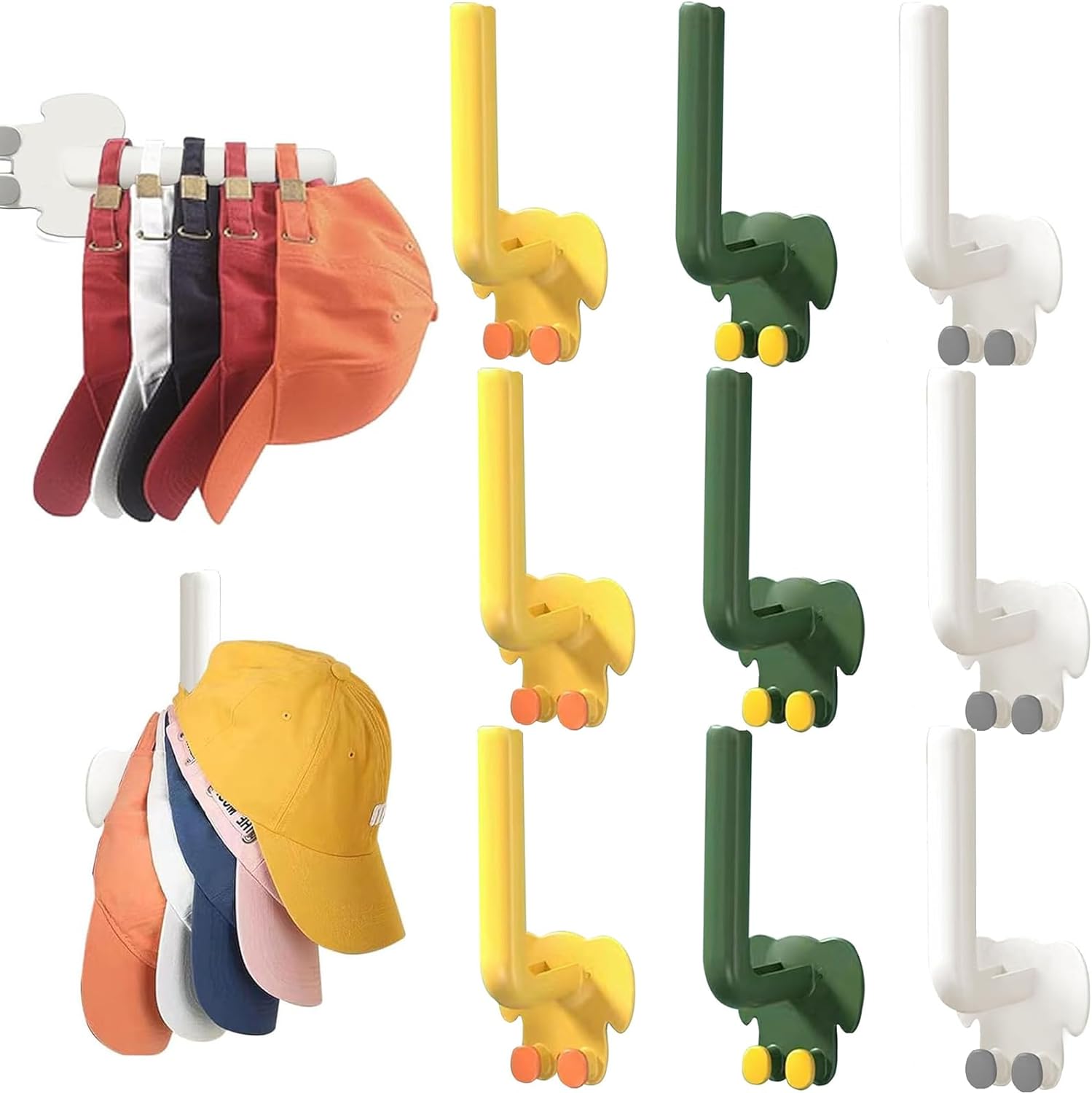 Adhesive Hat Hooks for Wall - 9-Pack Hat Rack, No Drilling Hat Organizer for Baseball Caps, Sticky Hat Storage, Closet Co