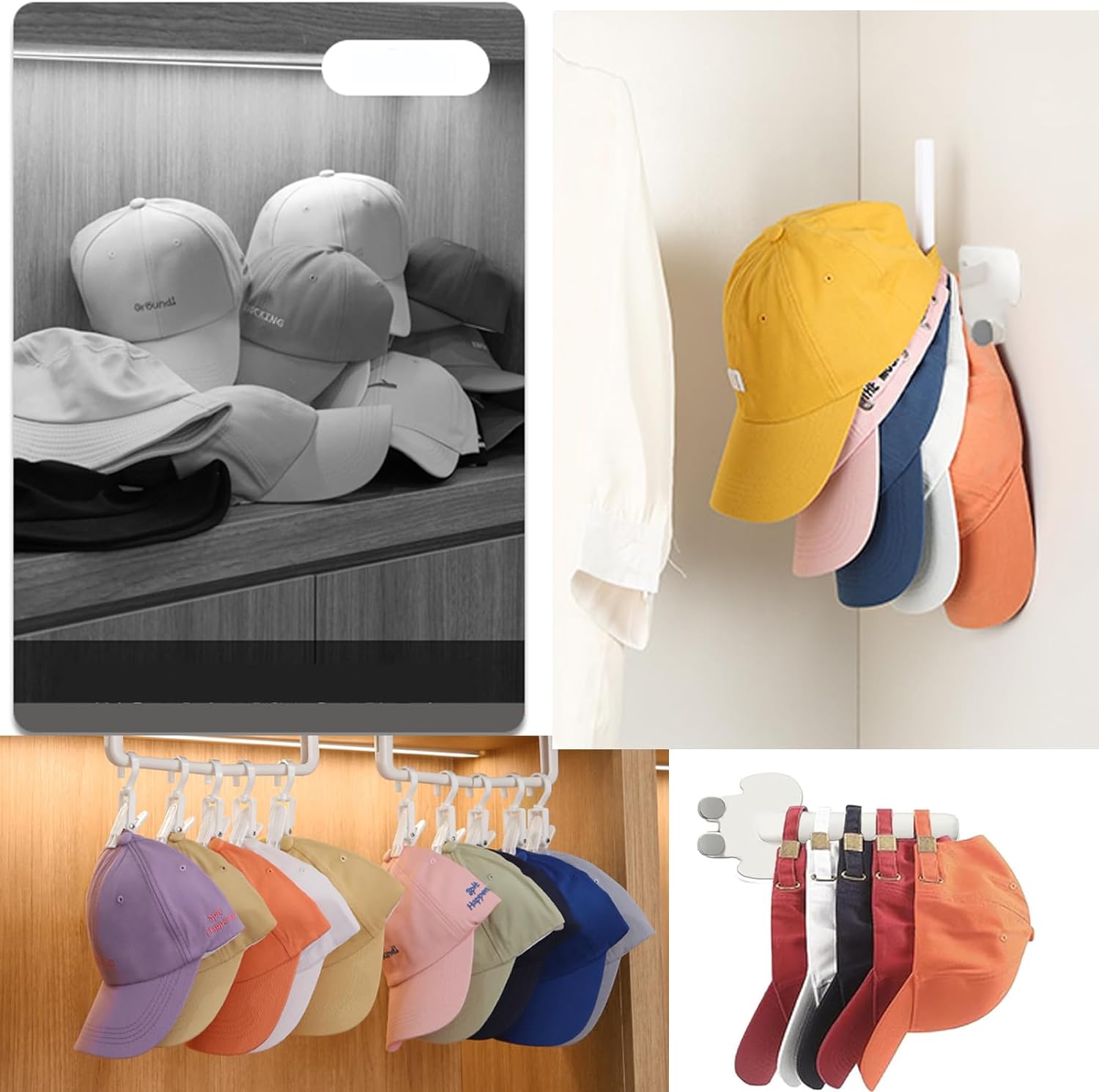 Adhesive Hat Hooks for Wall - 9-Pack Hat Rack, No Drilling Hat Organizer for Baseball Caps, Sticky Hat Storage, Closet Co