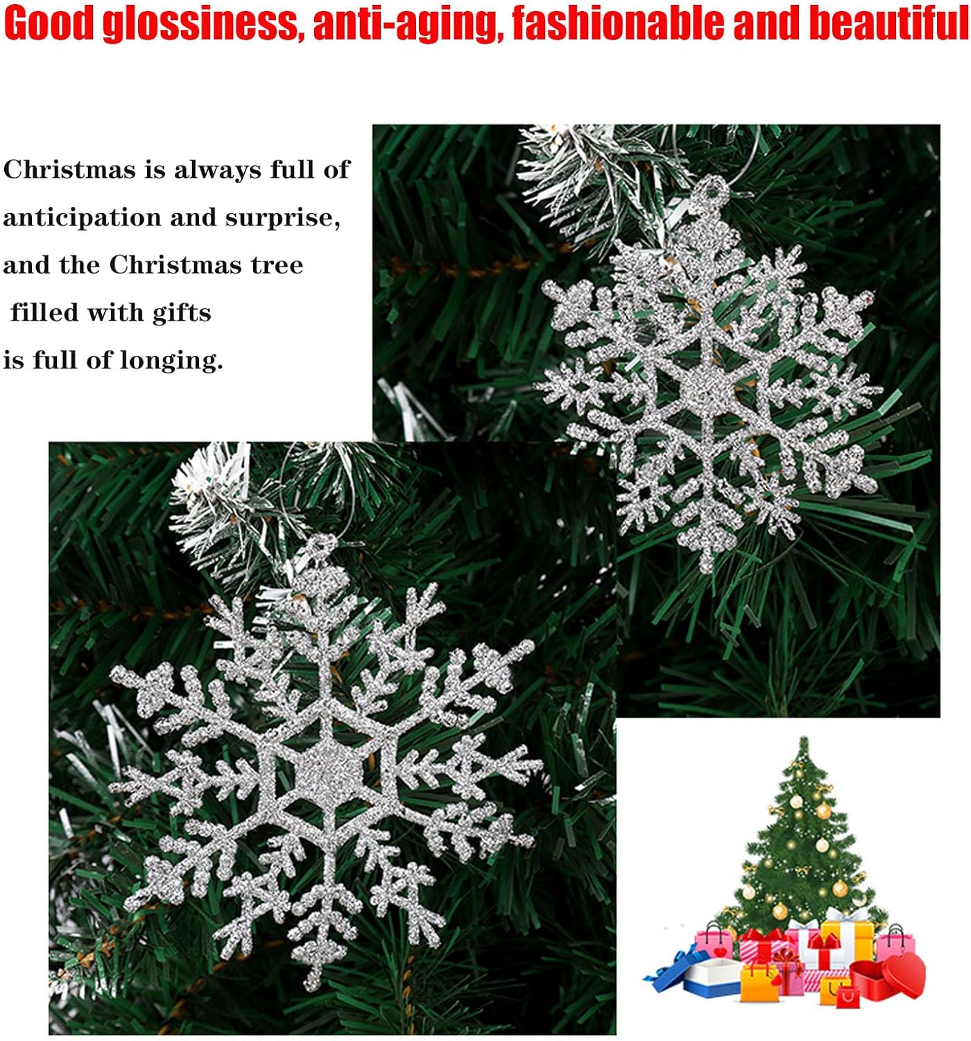 Glitter Christmas Snowflake Ornaments，40 Pack Silver Plastic Winter Wonderland Decorations for Winter Christmas Tree, W