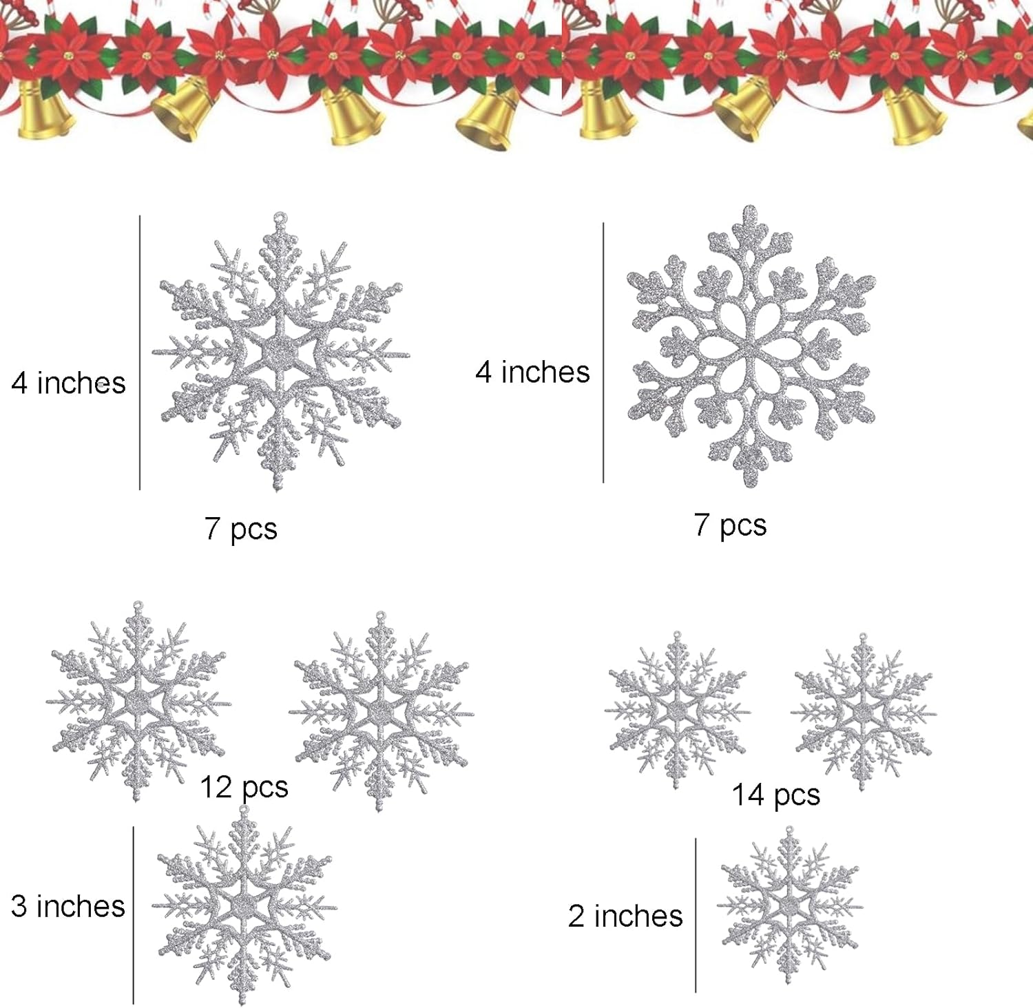 Glitter Christmas Snowflake Ornaments，40 Pack Silver Plastic Winter Wonderland Decorations for Winter Christmas Tree, W