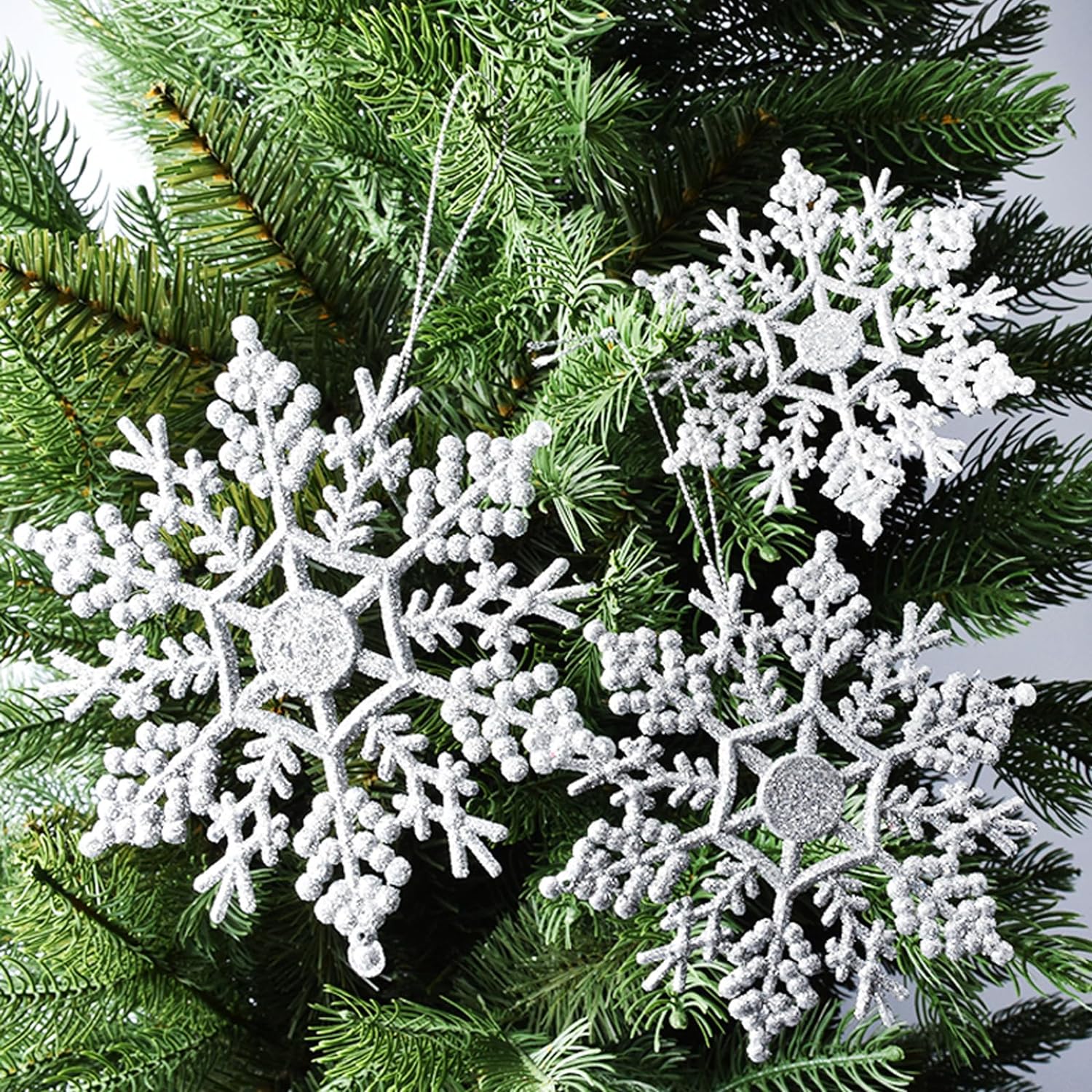 Glitter Christmas Snowflake Ornaments，40 Pack Silver Plastic Winter Wonderland Decorations for Winter Christmas Tree, W