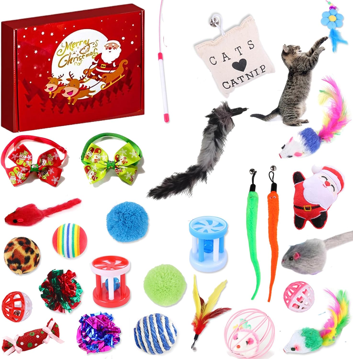 Cat Advent Calendar 2023, 24pcs Kitten Toys A Holiday with Cat Collars Mice, Balls and Bells Assorted Cat Toys for Intera